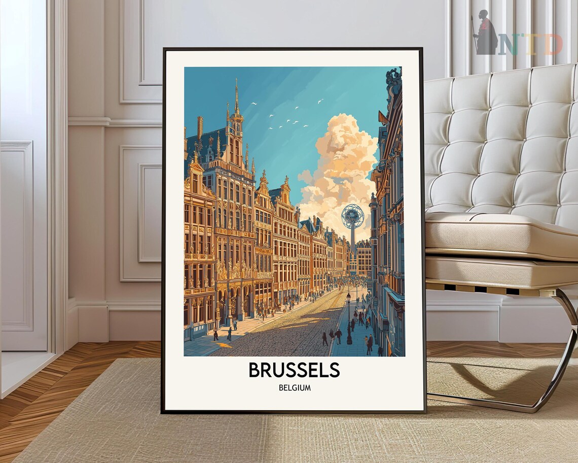 Brussels Historic Old Town Cobblestone Street Sunset Travel Poster