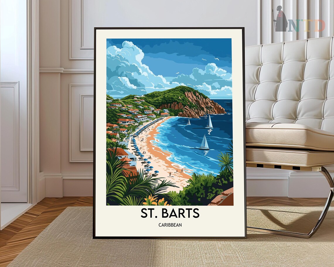 St Barts Caribbean Beach Sailboats Tropical Bay Vintage Travel Poster