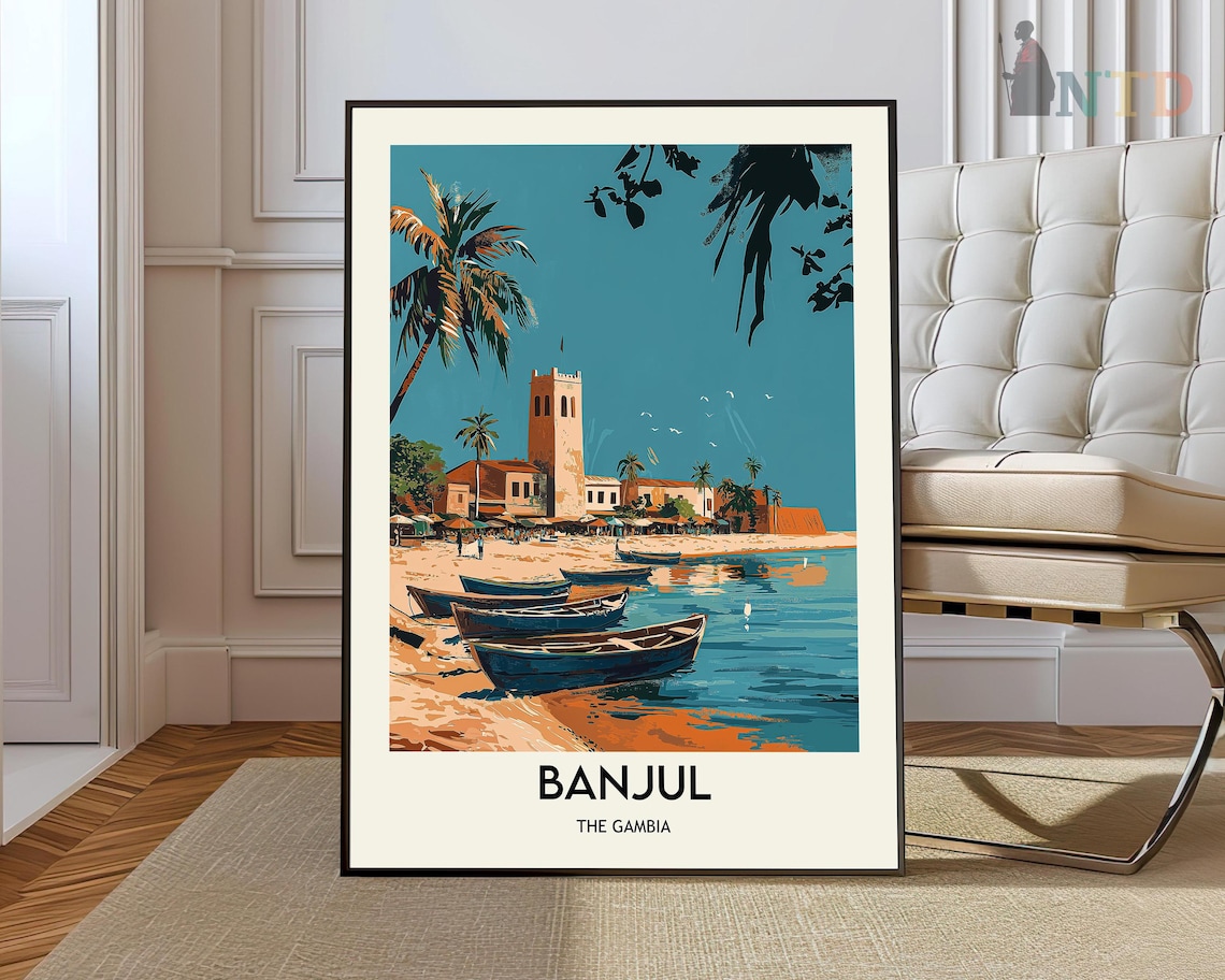 Banjul The Gambia Palm Trees Fishing Boats Beach Tower Travel Poster