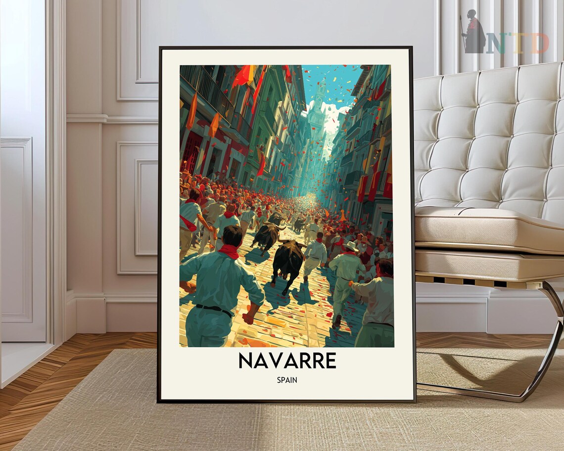 Navarre Spain Running Of The Bulls Festival Vintage Travel Poster