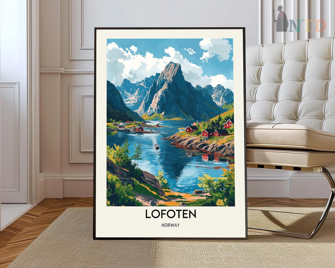 Lofoten Norway Arctic Fjords Red Cabins Dramatic Peaks Travel Poster