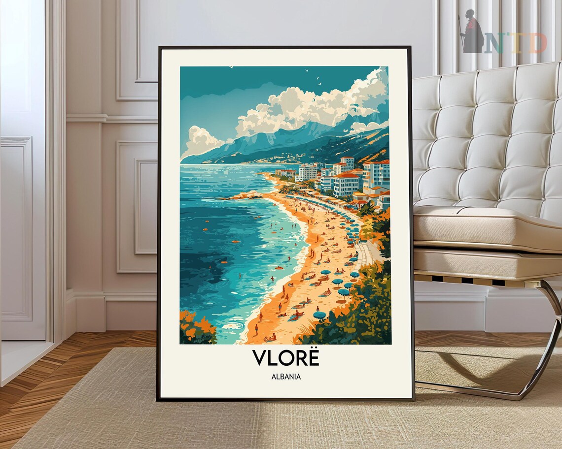 Vlore Albania Riviera Beach Mountain Coast Summer Travel Poster