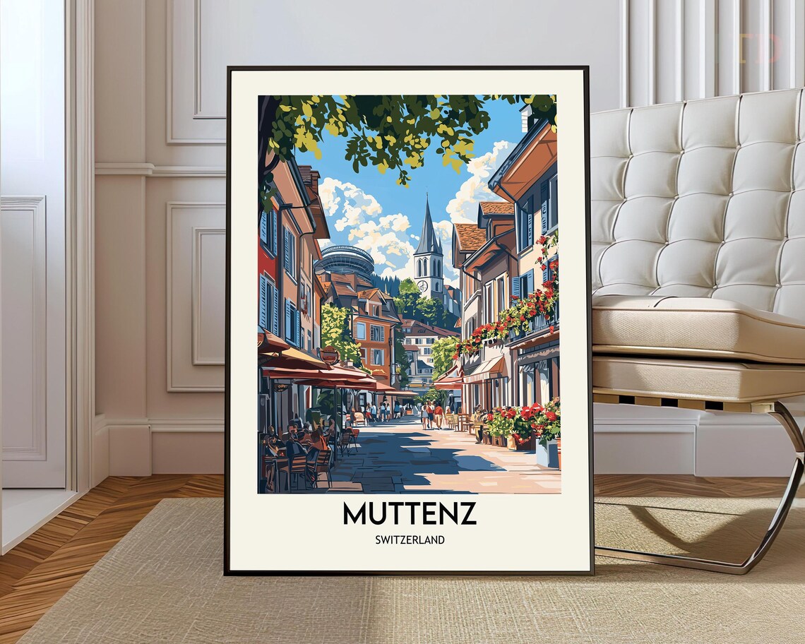 Muttenz Switzerland Old Town Cafe Street Church Spire Travel Poster