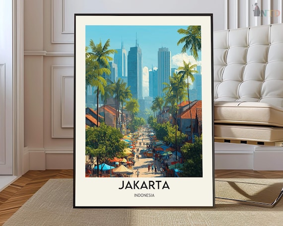 Jakarta Indonesia Palm Lined Avenue Market Skyline Travel Poster