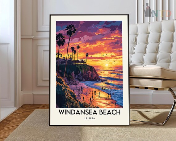 Windansea Beach La Jolla Curling Palm Wave Retro Surf Art Poster