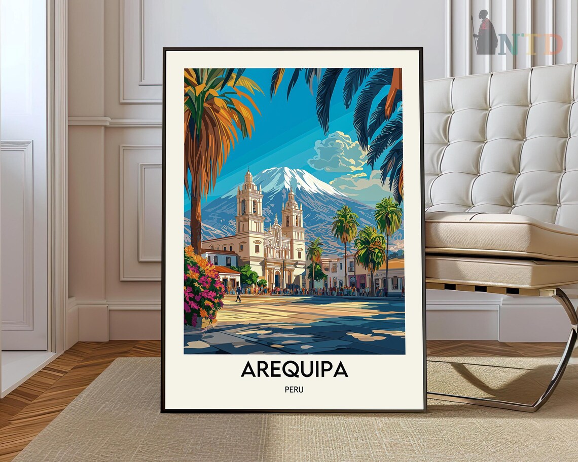 Arequipa Peru Cathedral Plaza Misti Volcano Vintage Travel Poster