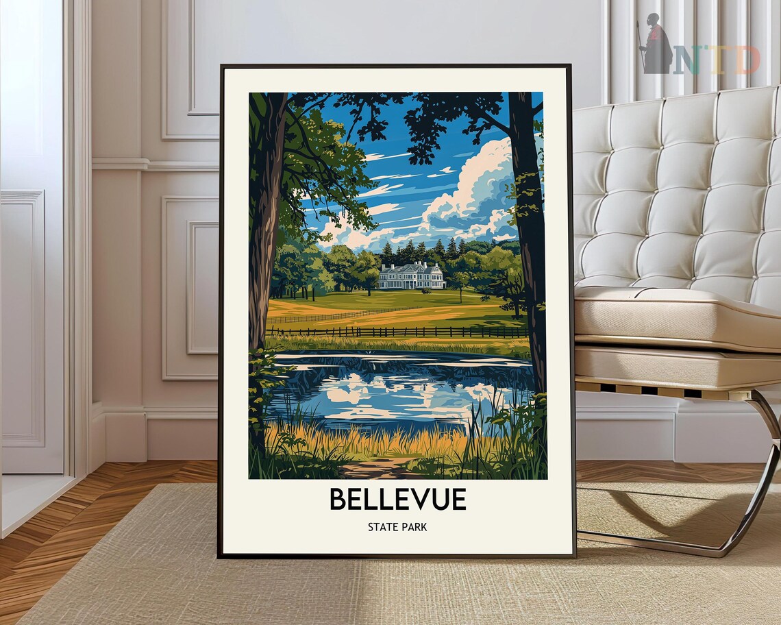 Bellevue State Park Delaware Mansion Lake Vintage Travel Poster