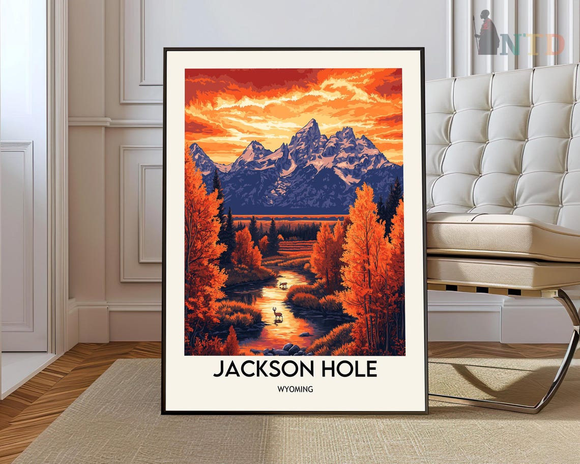 Jackson Hole Wyoming Sunset Mountain Landscape Vintage Travel Poster