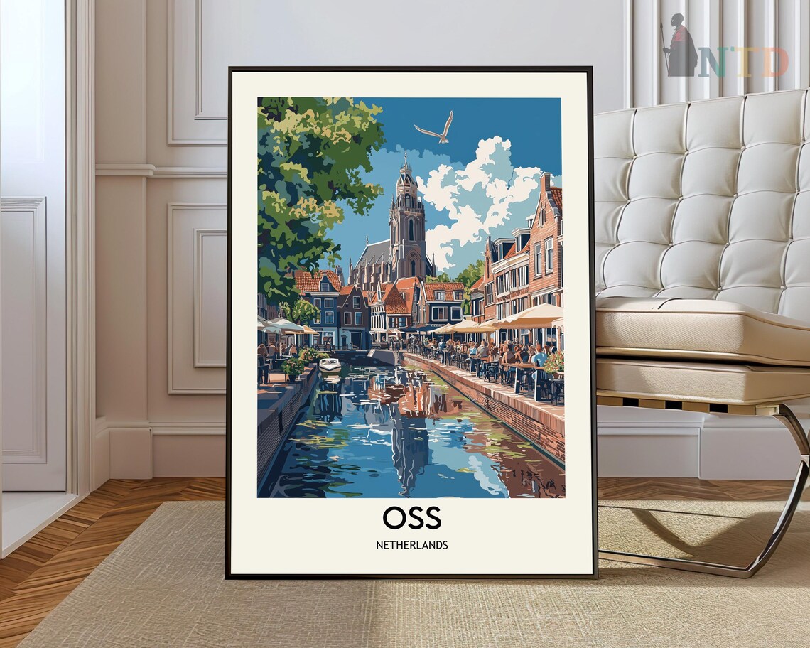 Oss Netherlands Canal Church Retro Vintage Tourism Travel Poster