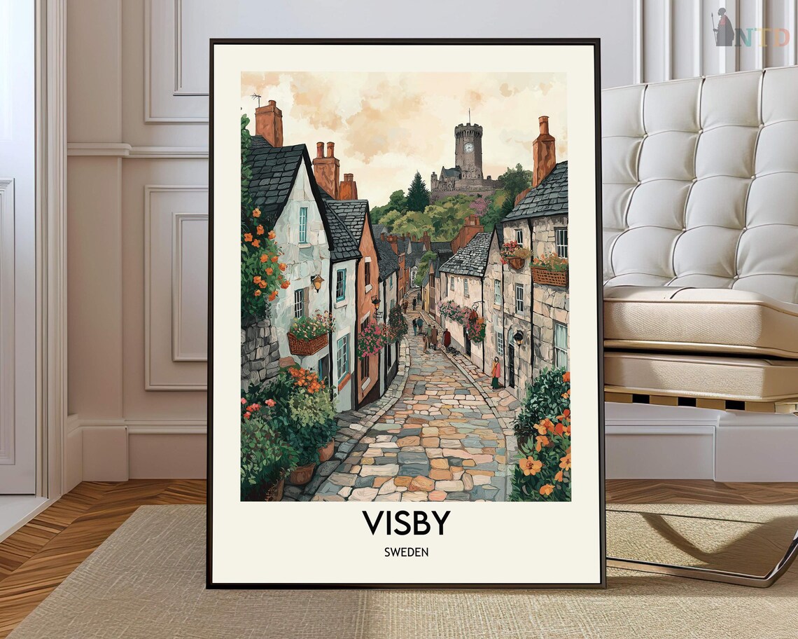 Visby Sweden Cobblestone Old Town Street Roses Travel Poster