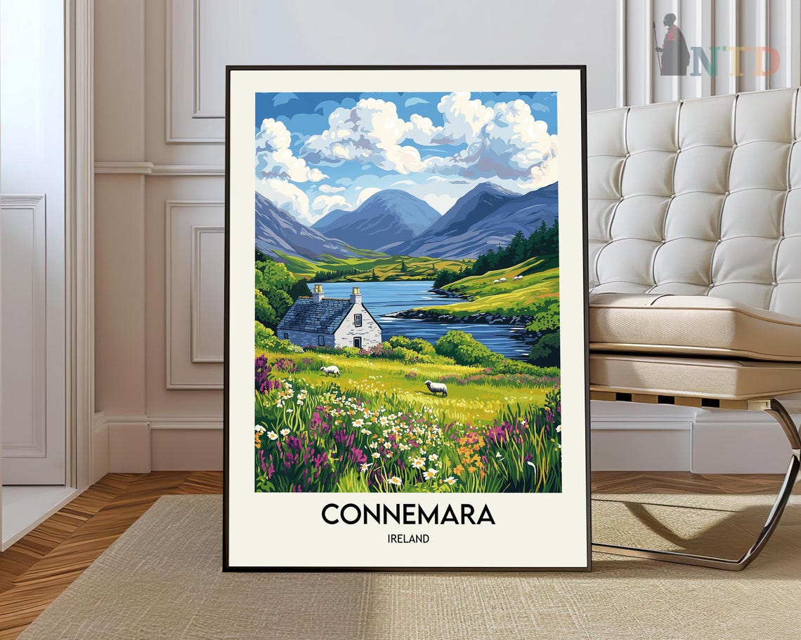 Connemara White Cottage by the Lake with Mountains and Sheep Poster