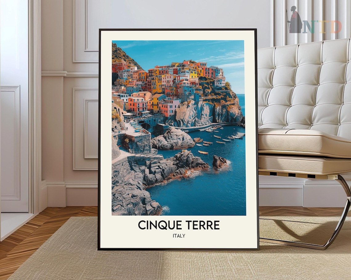 Cinque Terre Rocky Cove and Fishing Boats Below the Village Poster