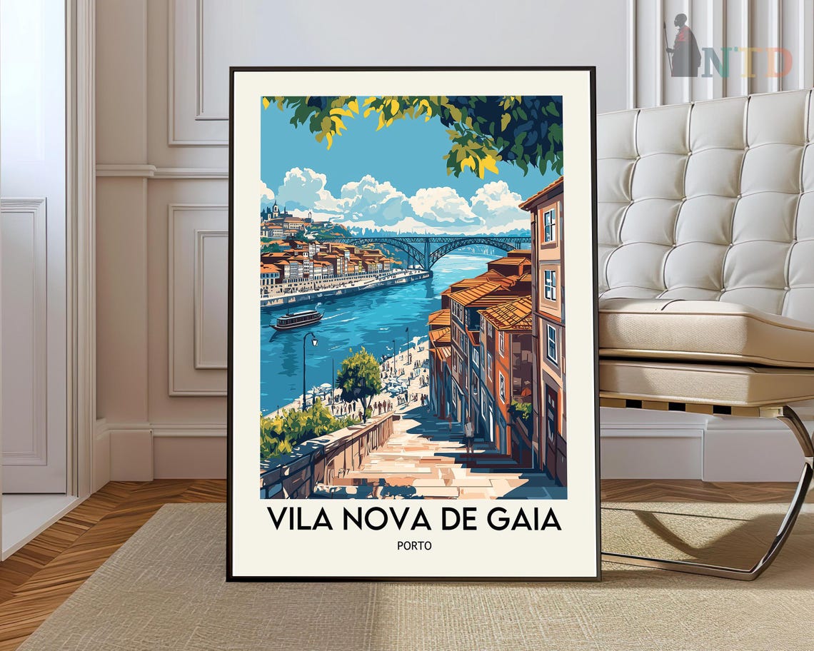 Vila Nova de Gaia Porto Riverside Bridge Sunset View Travel Poster