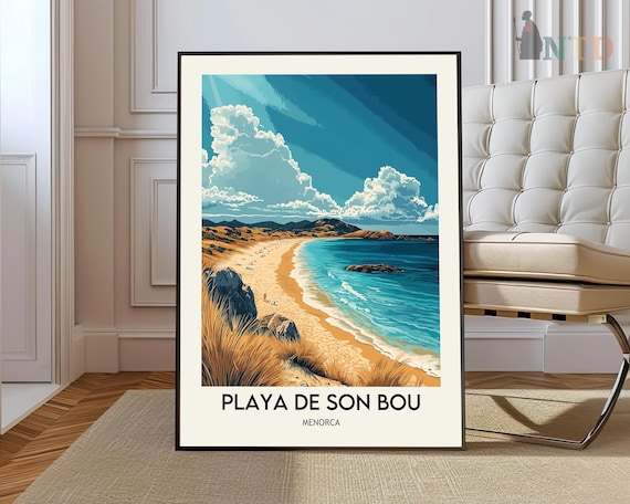 Playa de Son Bou Menorca Golden Beach Retro Coastal Travel Poster