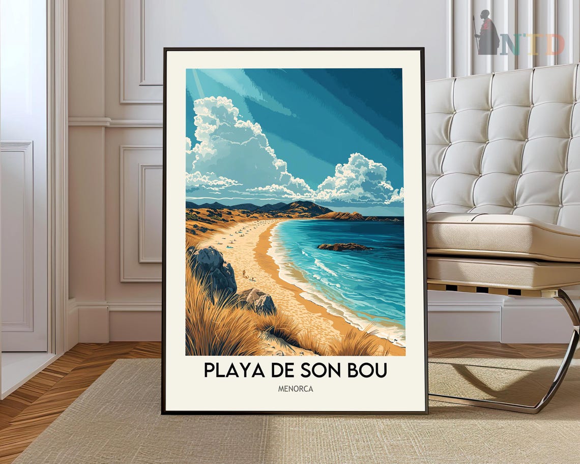 Playa de Son Bou Menorca Golden Beach Retro Coastal Travel Poster