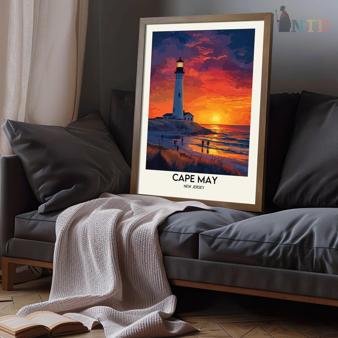 Cape May Lighthouse Sunset Beach Strollers Vintage Travel Poster - Image 3