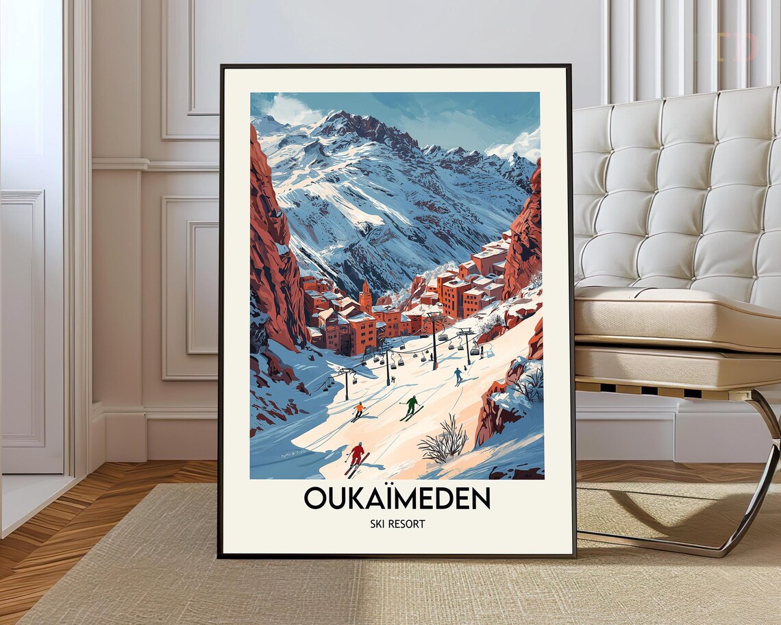 Oukaimeden Ski Resort Vintage Travel Poster Morocco Atlas Mountains Snow Art