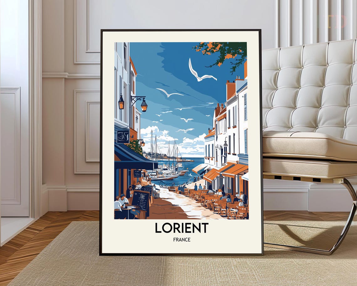 Lorient France Harbor Street Cafes Boats Brittany Travel Poster