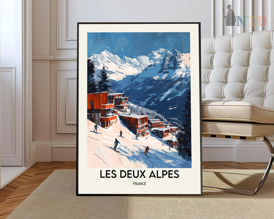 Les Deux Alpes France Ski Resort Mountain Illustration Poster