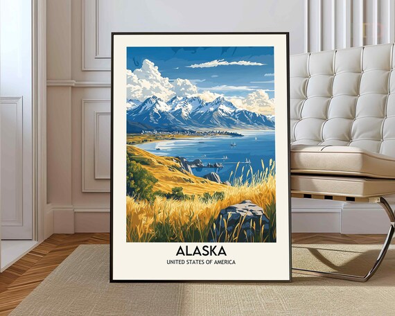 Alaska Lake And Mountain Town Sunny Golden Field Travel Poster