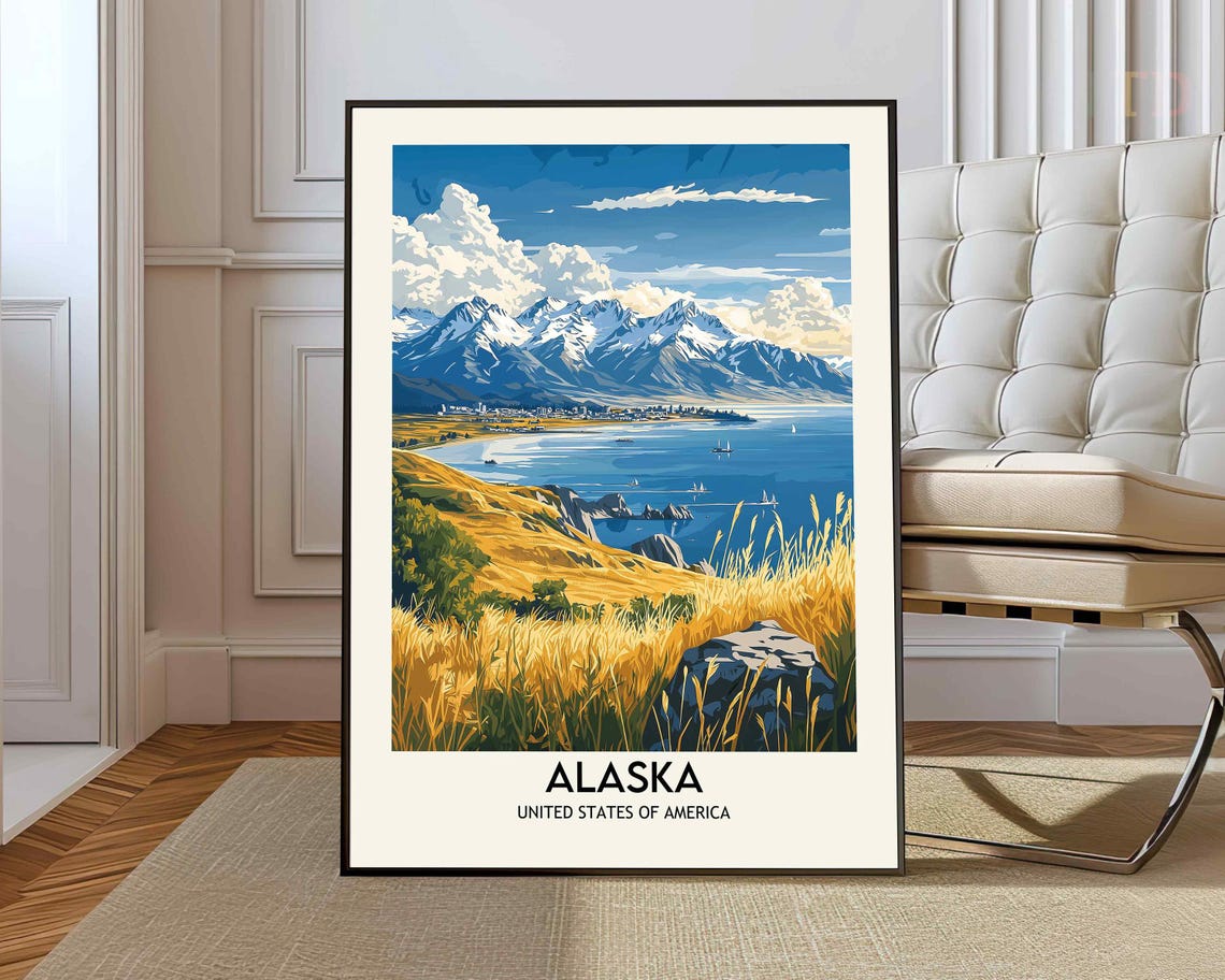 Alaska Lake And Mountain Town Sunny Golden Field Travel Poster