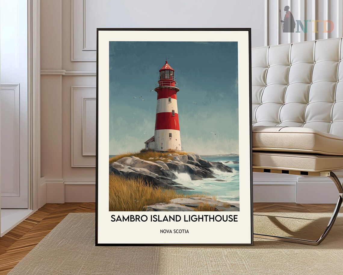 Sambro Island Lighthouse Nova Scotia Rocky Shore Travel Poster