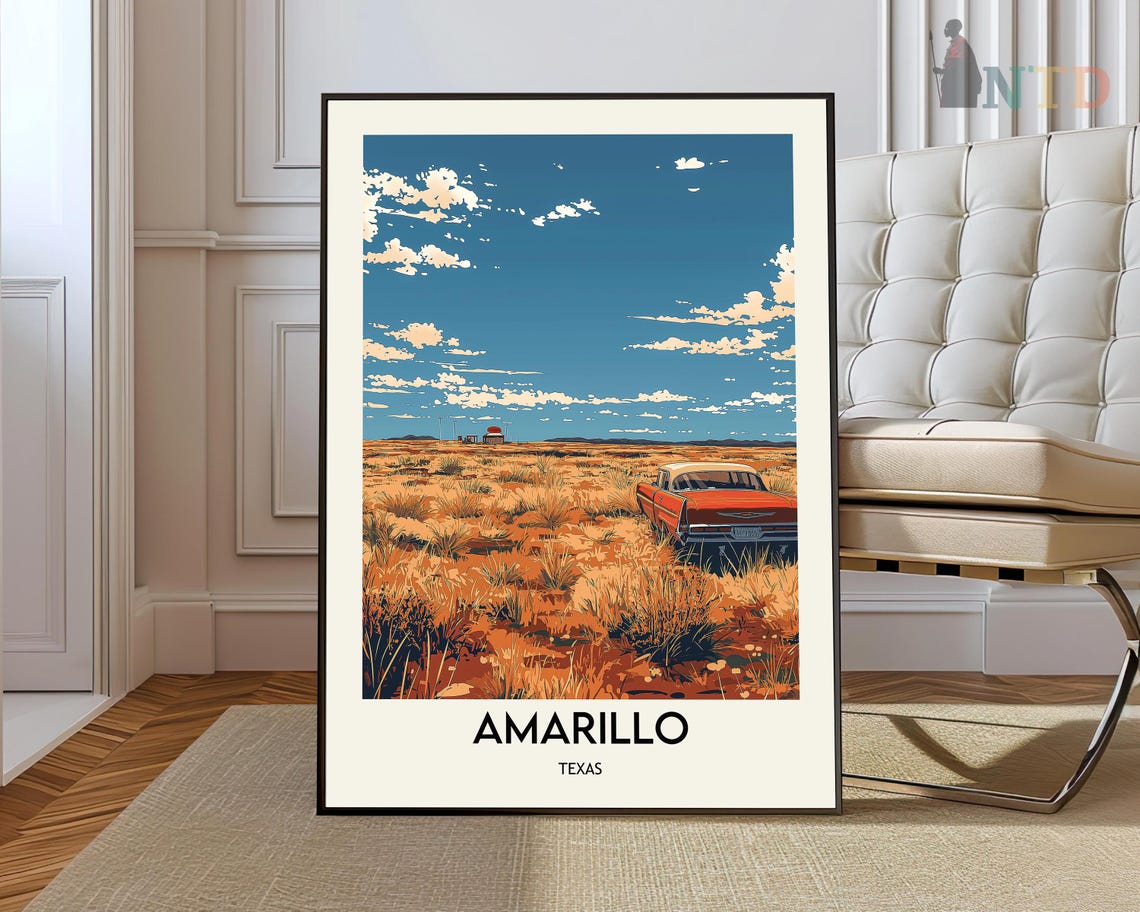 Amarillo Texas Vintage Car Desert Prairie Highway Scene Travel Poster