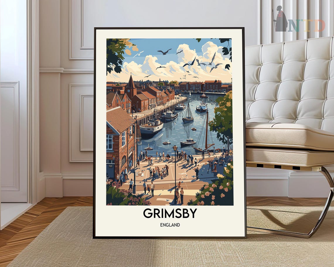 Grimsby England Historic Harbor Waterfront Boats Retro Travel Poster