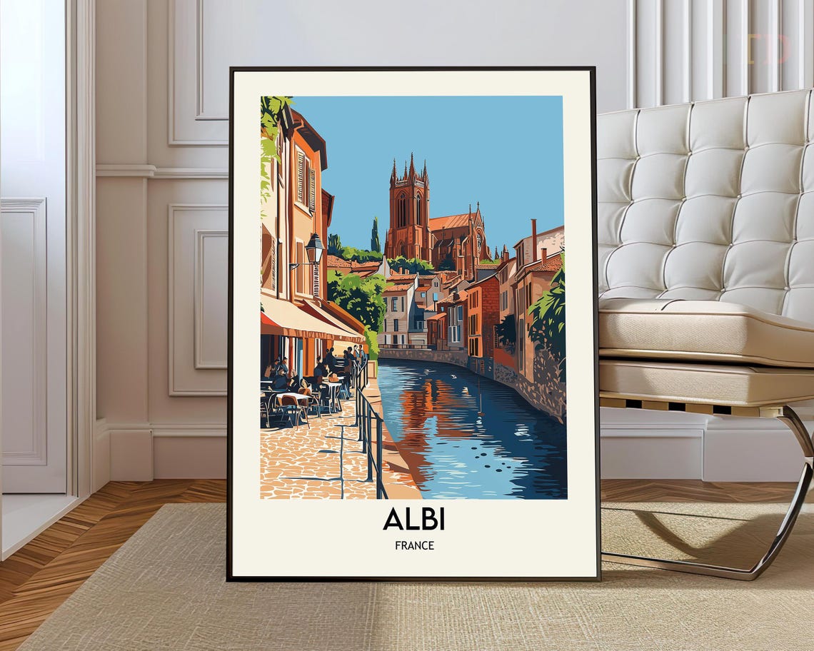 Albi France Riverside Cafés Beneath a Grand Brick Cathedral Poster