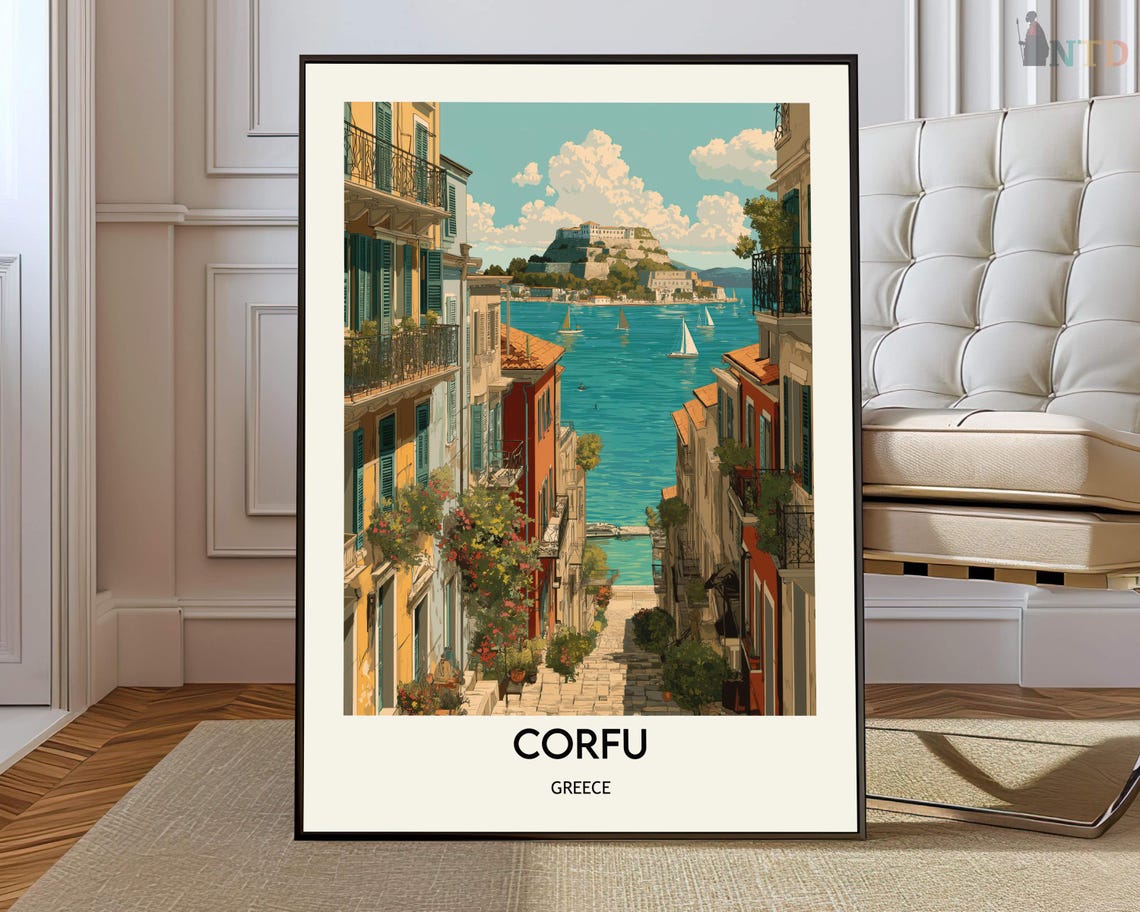 Corfu Old Town Harbor Street View Greece Vintage Travel Poster