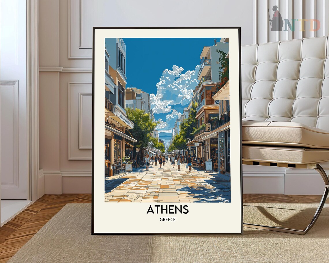 Athens Pedestrian Shopping Street Sunny Day Scene Travel Poster