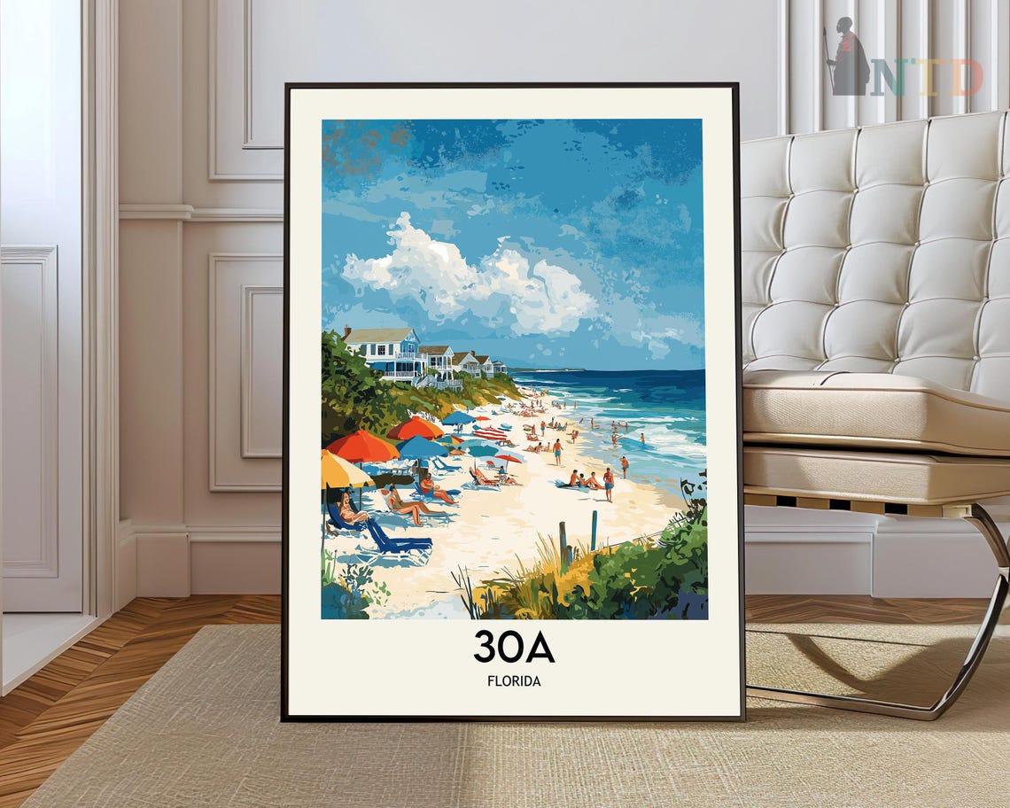 Sunny Beach Day With Colorful Umbrellas 30A Florida Travel Poster