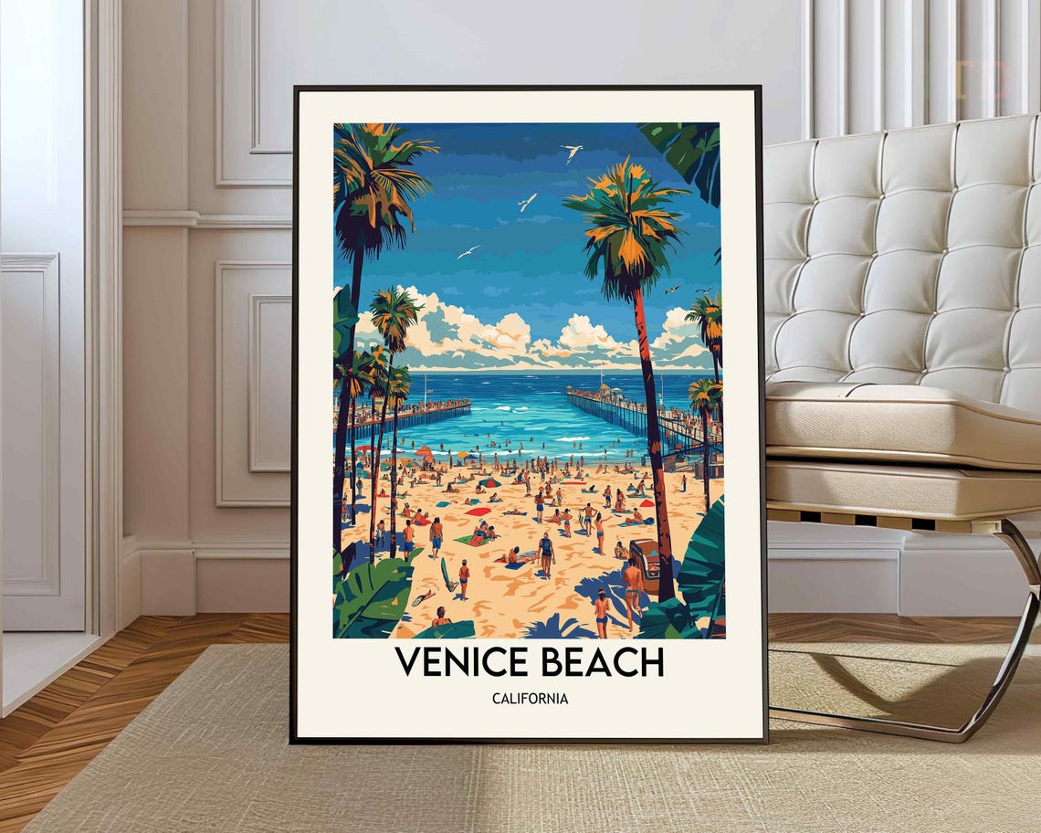 Venice Beach California Pier Palms Crowded Beach Travel Poster