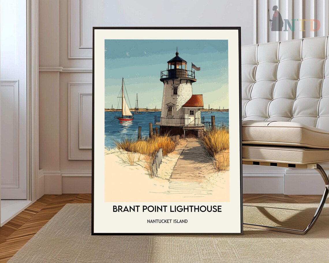 Brant Point Lighthouse Nantucket Island Sunny Sailboat Travel Poster