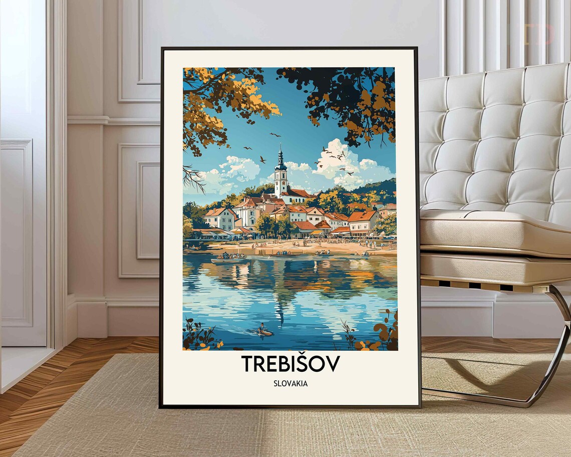Trebisov Slovakia Lakeside Church Town Reflection Travel Poster