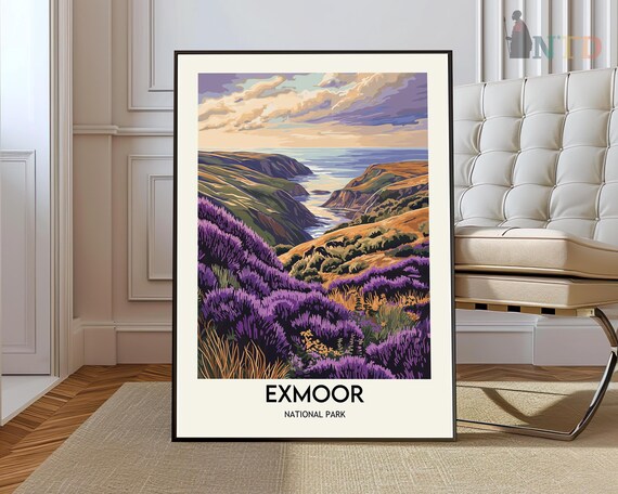 Exmoor National Park Purple Heather Dramatic Coast Travel Poster
