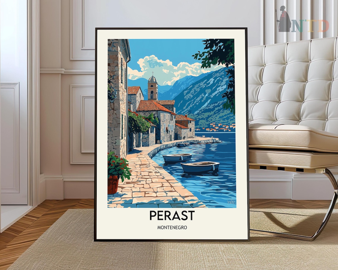 Perast Montenegro Waterfront Vintage Style Adriatic Travel Poster