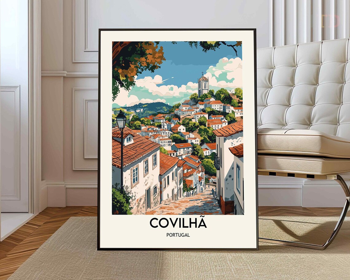 Covilhã Portugal Hillside Old Town Terracotta Roofs Travel Poster