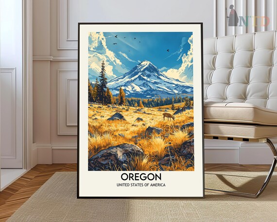 Oregon Snow Capped Mountain Meadow Deer Scenic Wildlife Travel Poster