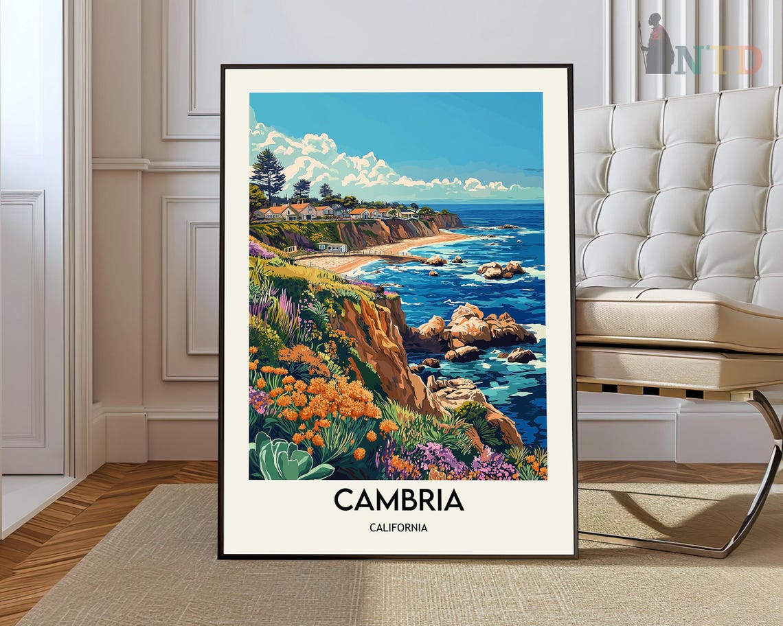 Cambria California Coastal Cliffs Wildflowers Ocean Travel Poster