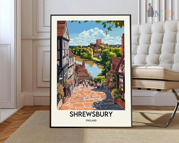 Shrewsbury England Cobbled Street Castle River Travel Poster