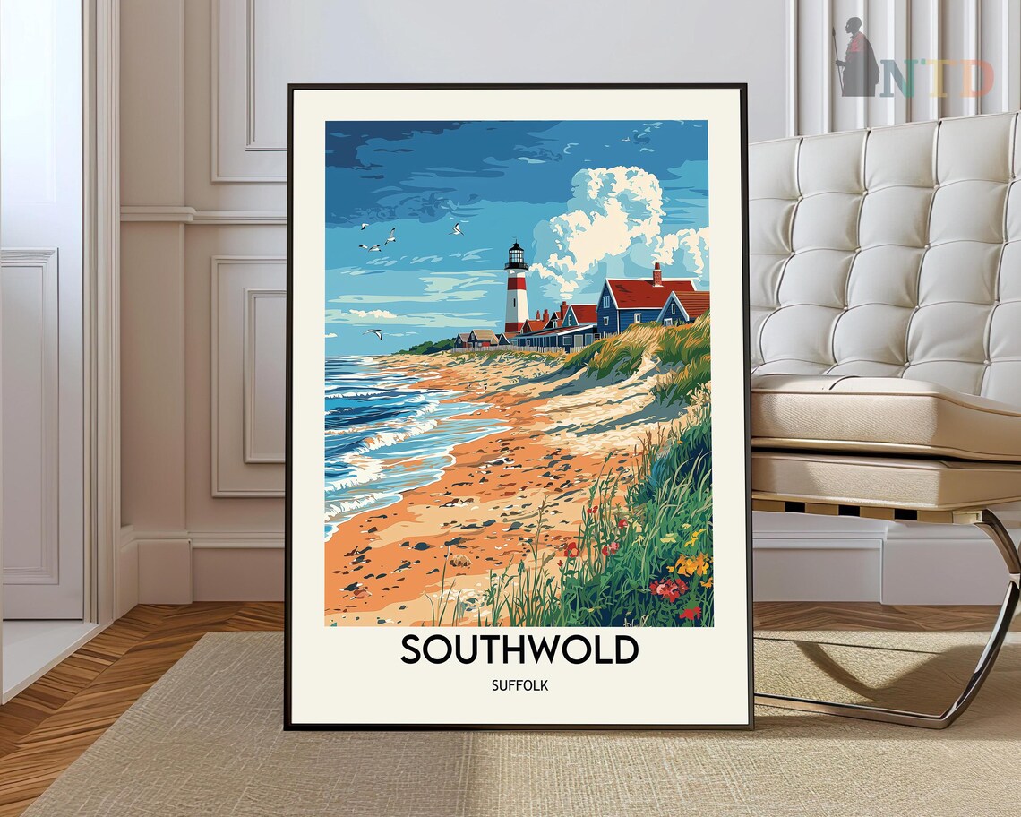 Southwold Suffolk Lighthouse and Beach Vintage Travel Poster