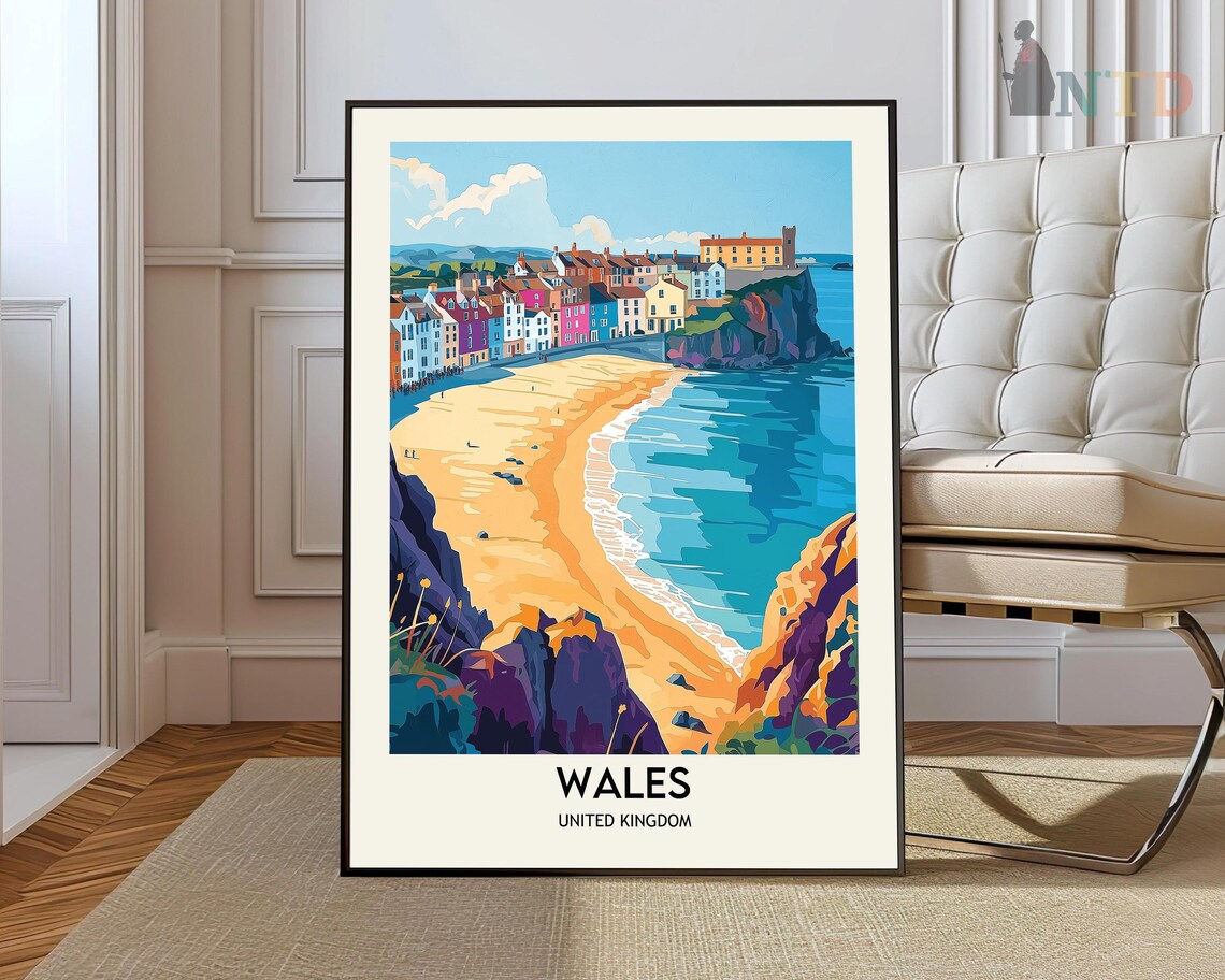 Wales United Kingdom Seaside Beach Pastel Town Coastal Travel Poster