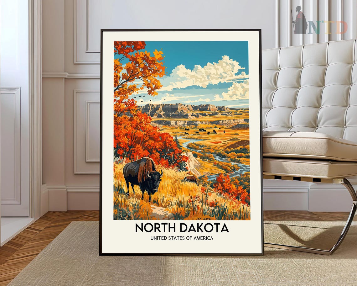 North Dakota Bison Autumn Badlands Plains Vintage Travel Poster