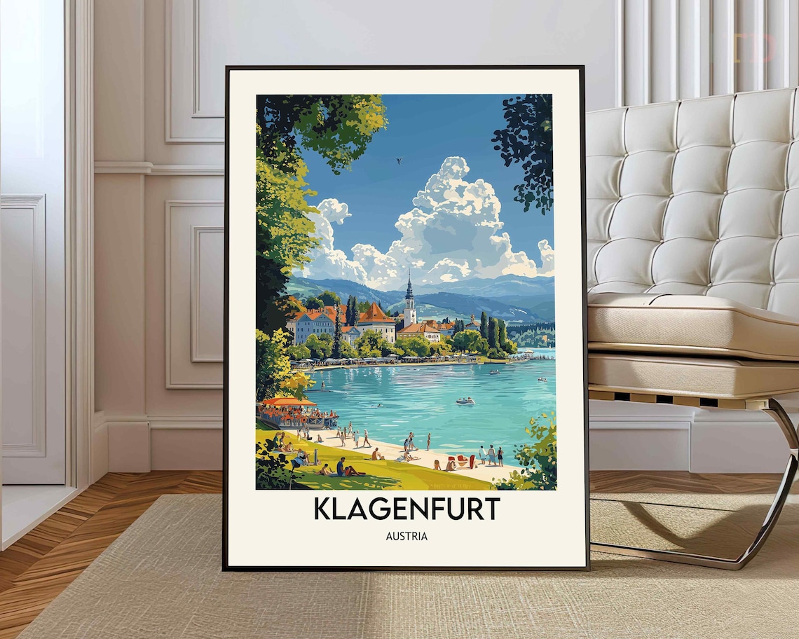Klagenfurt Lake Worthersee Beach Town Austria Summer Travel Poster