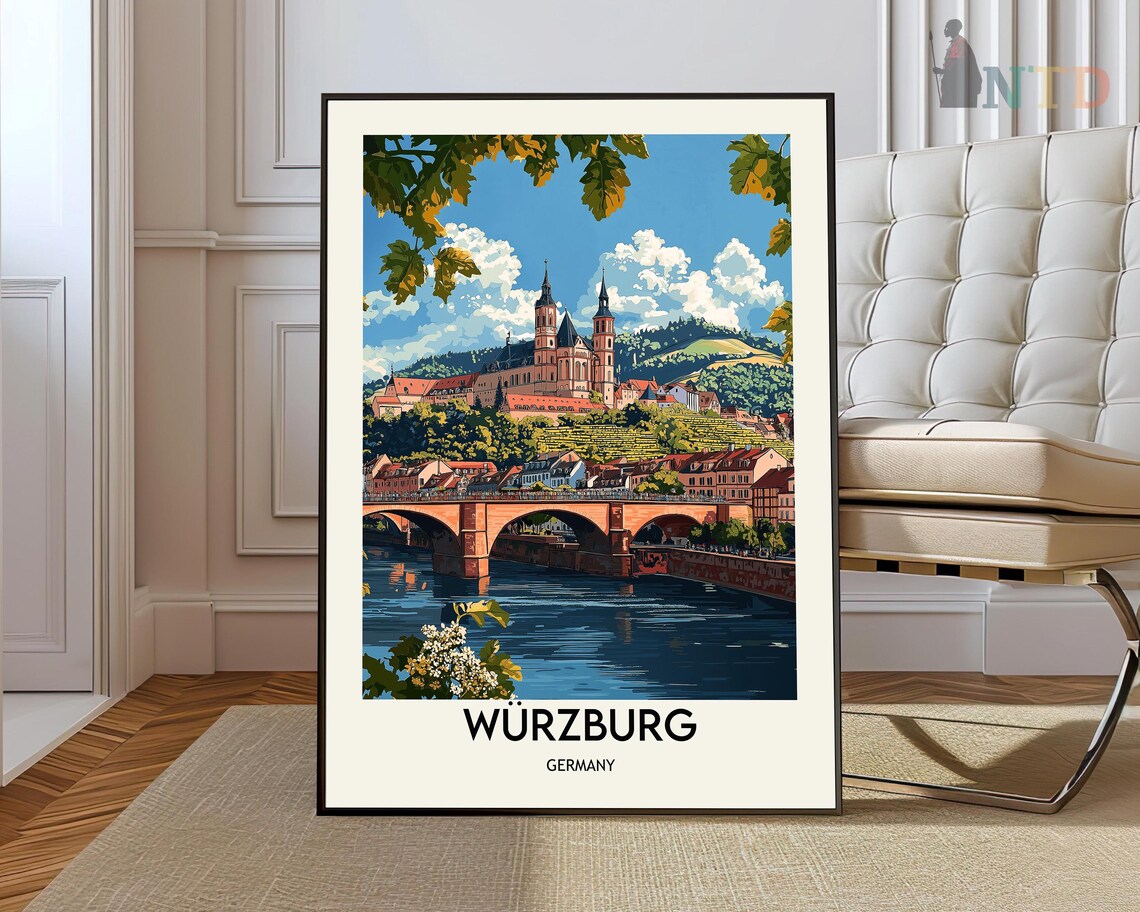 Wurzburg Germany Old Main Bridge Cathedral Vintage Travel Poster