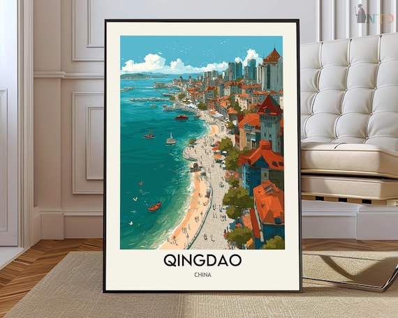 Qingdao China Beachfront Red Roofs Vintage Style Travel Poster