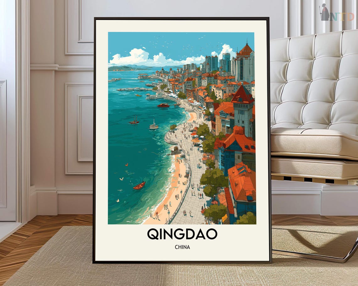 Qingdao China Beachfront Red Roofs Vintage Style Travel Poster