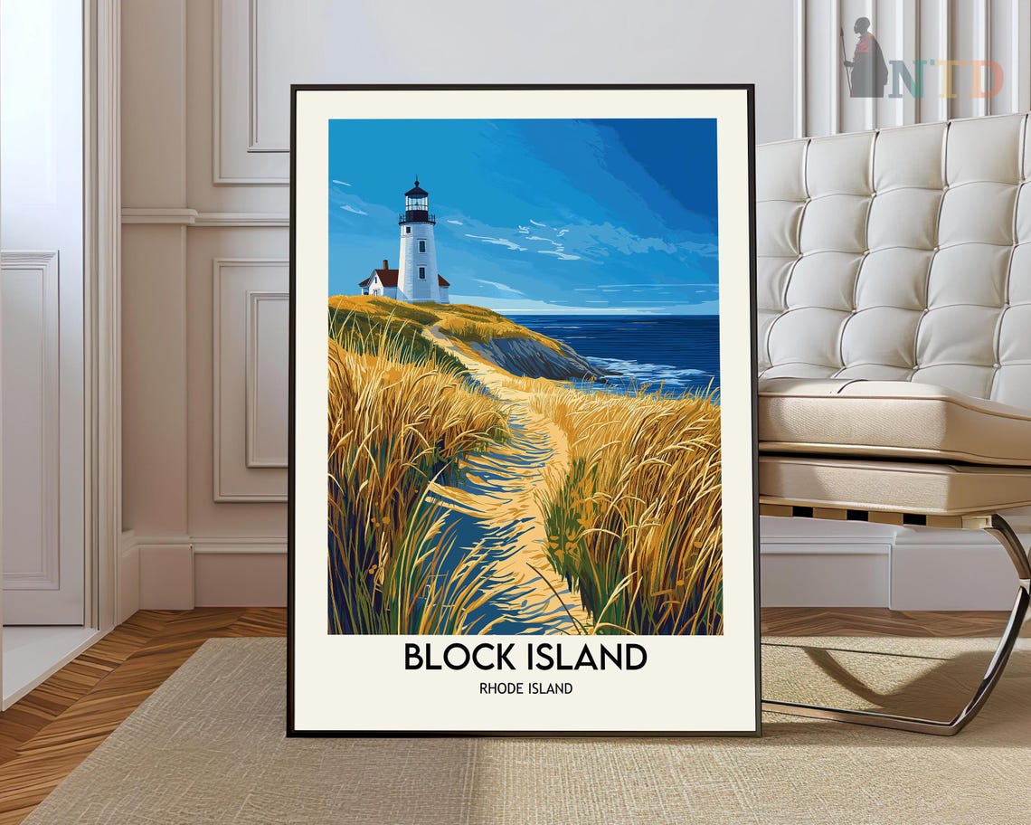 Block Island Rhode Island Lighthouse Dunes Coastal Travel Poster