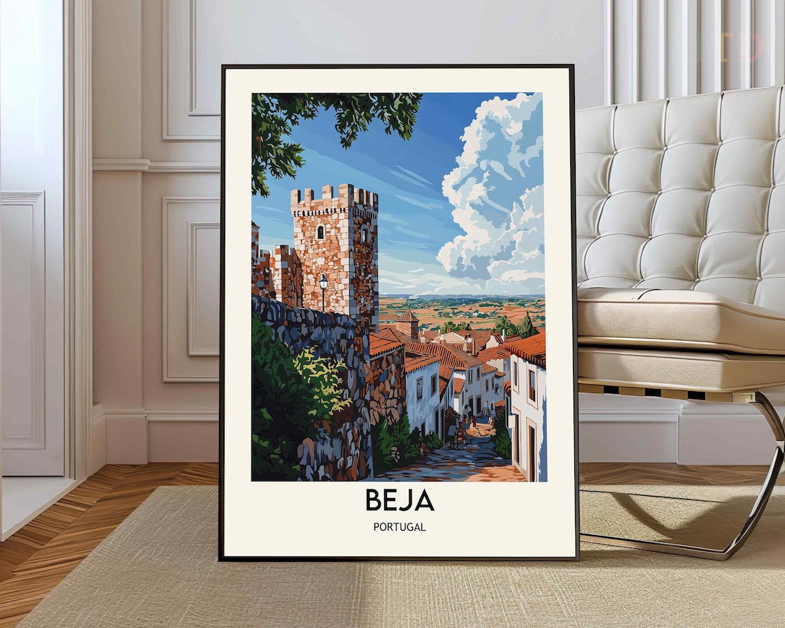Beja Portugal Castle Old Town Cobblestone Street Vintage Travel Poster